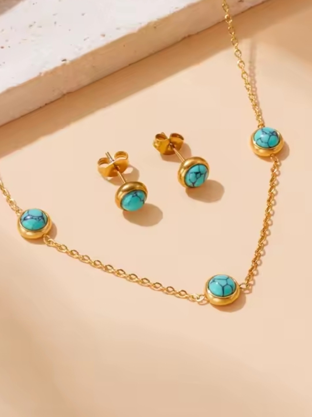 Gold  PlatedTurquoise Stone Necklace and Stud Earring Set